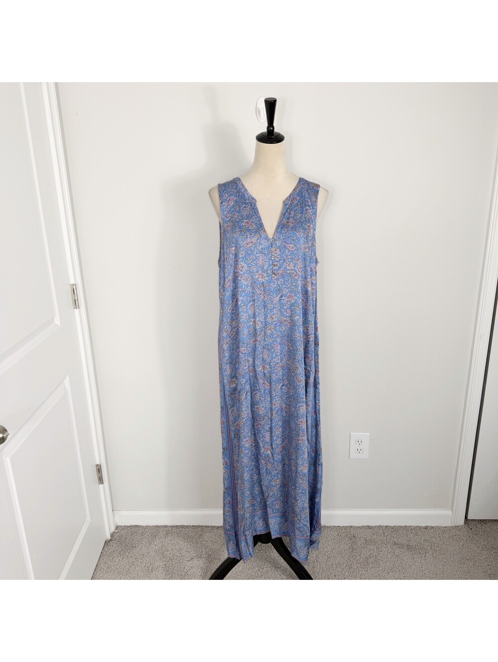 J. Jill Border Print Maxi Tank Dress Clear Blue Gentle Paisley Ecovero Large
